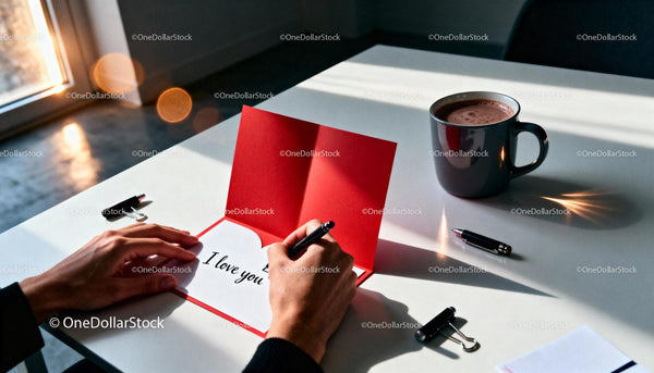 Writing a heartfelt love message inside a red card