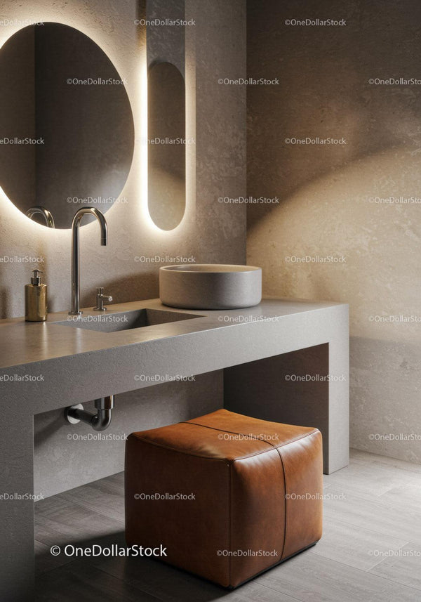 Modern Minimalist Bathroom with Concrete Sink and Leather Ottoman