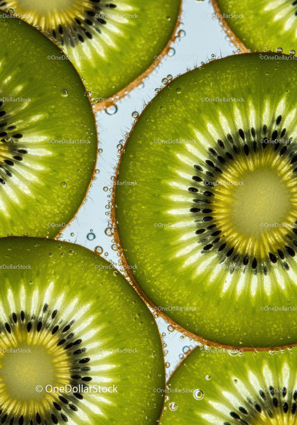 Close up of fresh kiwi slices in sparkling water