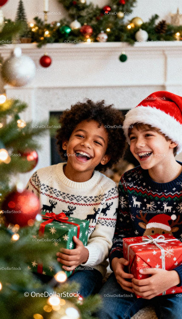 Two cheerful boys in festive sweaters with Christmas gifts