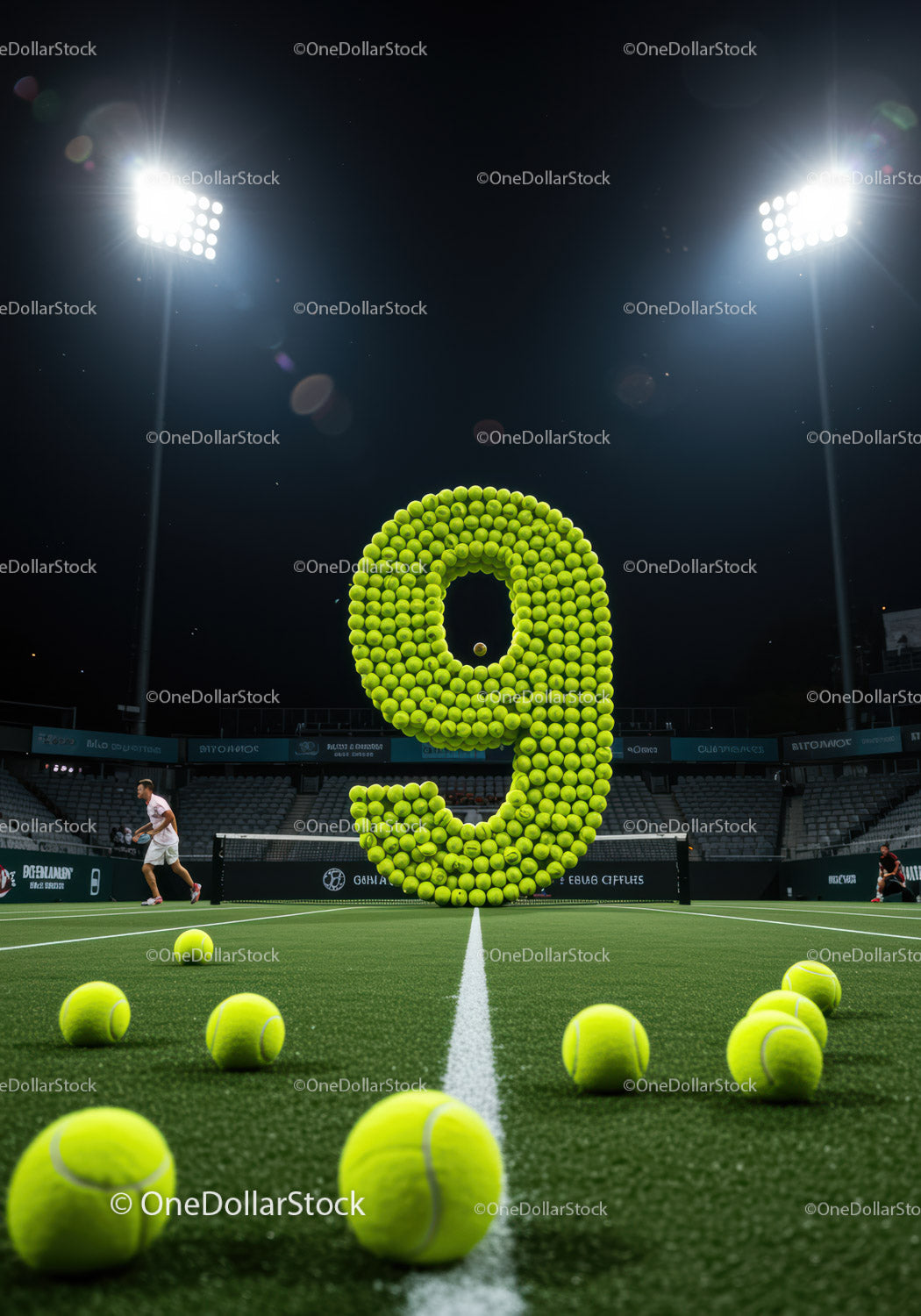 Tennis court illuminated at night with number nine shaped balls