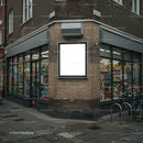 Corner store with illuminated blank advertising board