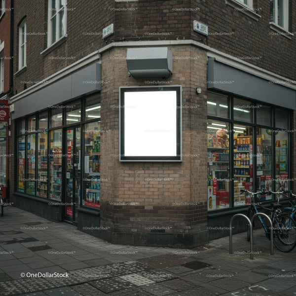 Corner store with illuminated blank advertising board JPG Mockup Image