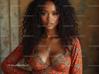 Elegant Woman with Curly Hair in Orange Dress and Jewelry