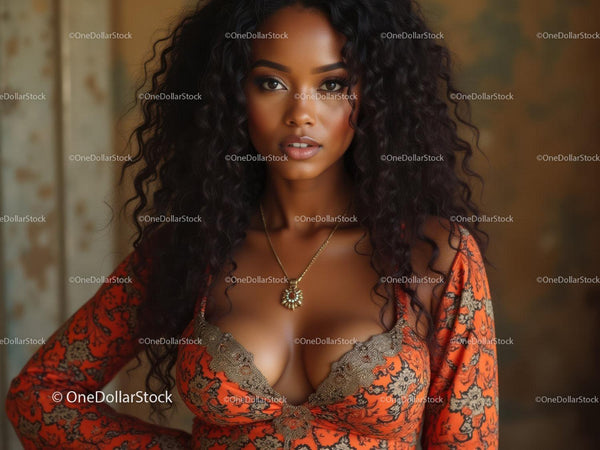 Elegant Woman with Curly Hair in Orange Dress and Jewelry Stock Photo Bundle (16 JPG Files)