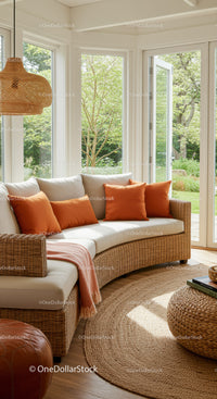 Cozy sunlit living room with rattan furniture and orange accents