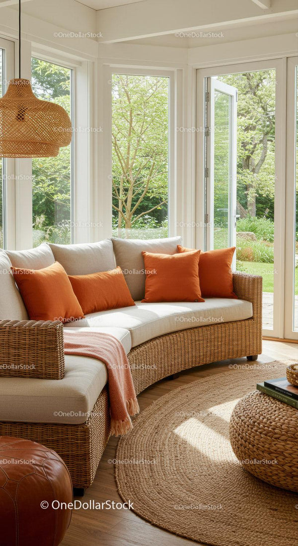 Cozy sunlit living room with rattan furniture and orange accents