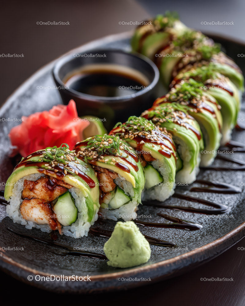 Delicious Sushi Roll with Avocado Eel and Sesame Seeds on Black Plate