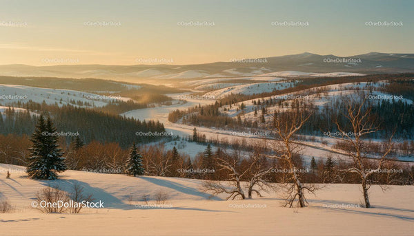 Sunset over Snowy Hills and Evergreen Forest