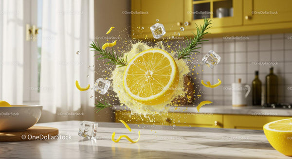 Fresh Lemon Slice Splash with Rosemary and Ice Cubes