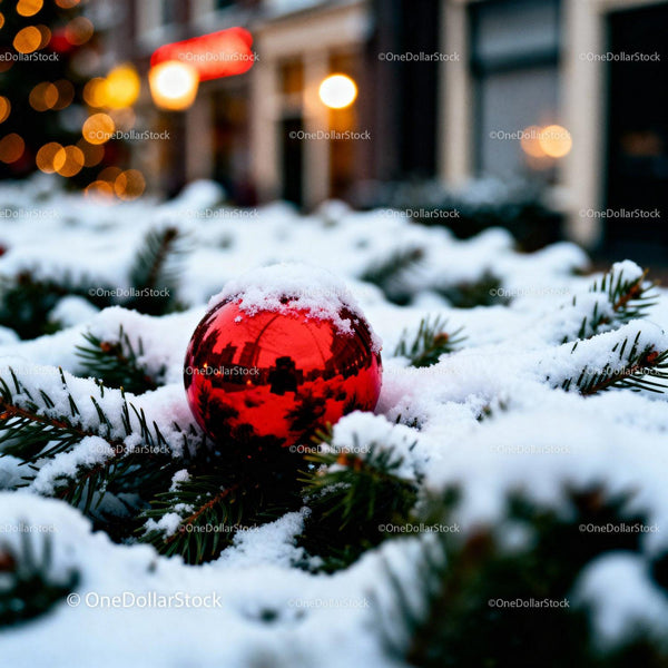 Red Christmas Ornament on Snowy Pine Branches
