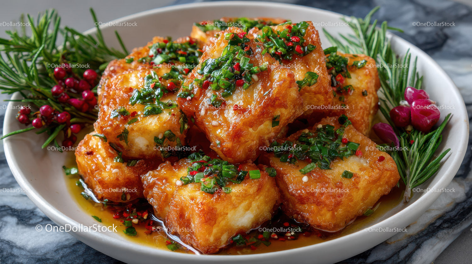 Crispy Fried Fish Fillets Garnished with Chives and Red Pepper Flakes