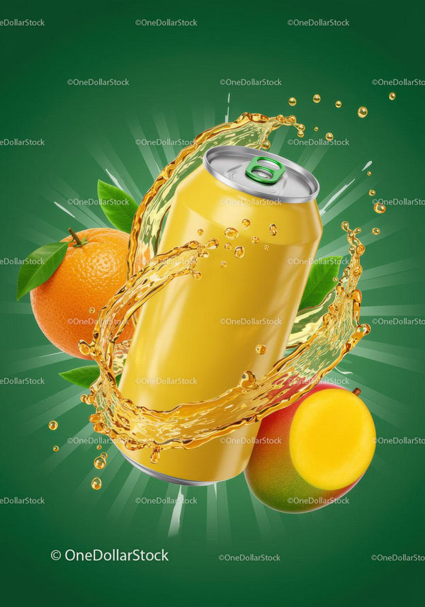 Refreshing tropical fruit soda can with splash JPG Mockup Image