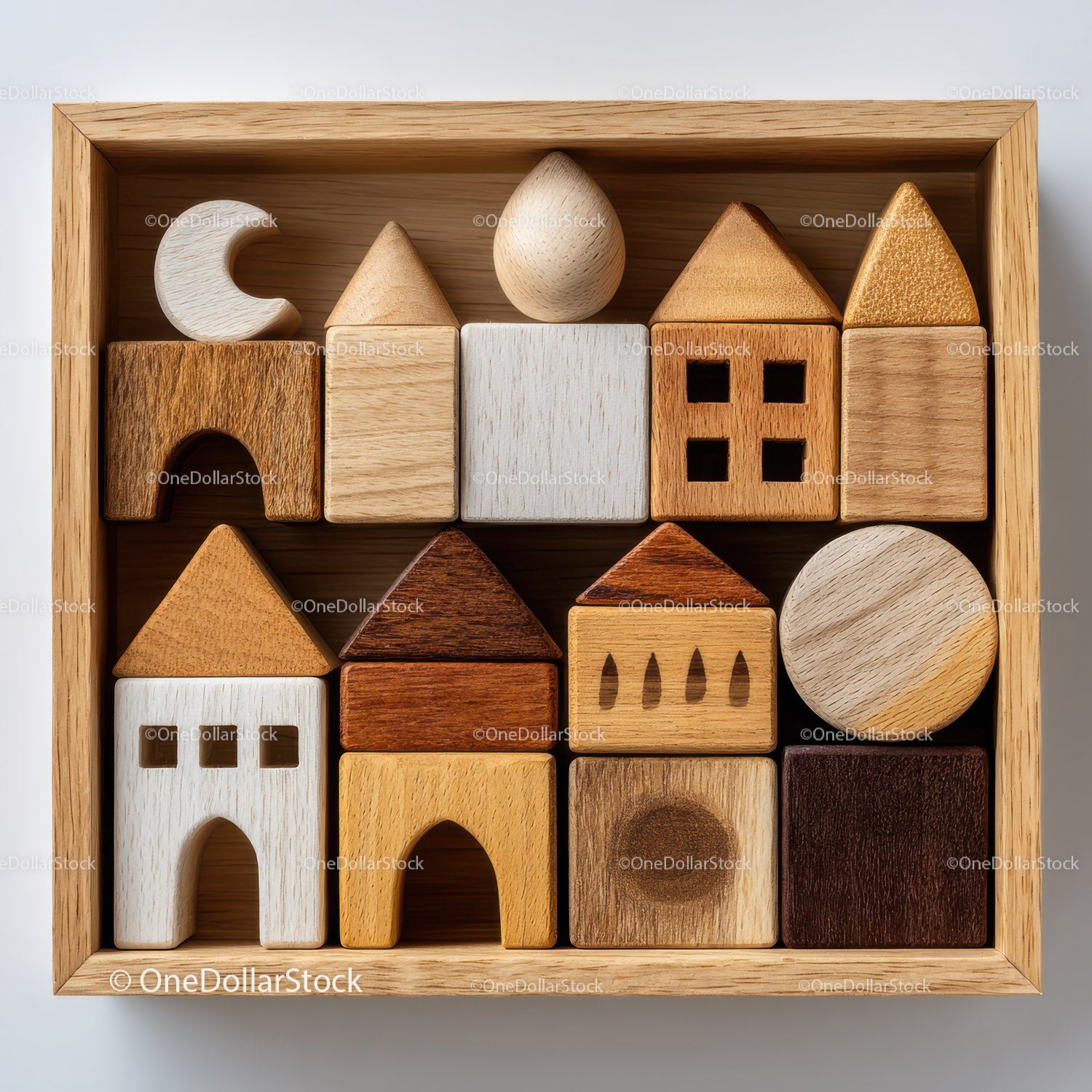 Set of Colorful Wooden Blocks and Shapes for Children's Play