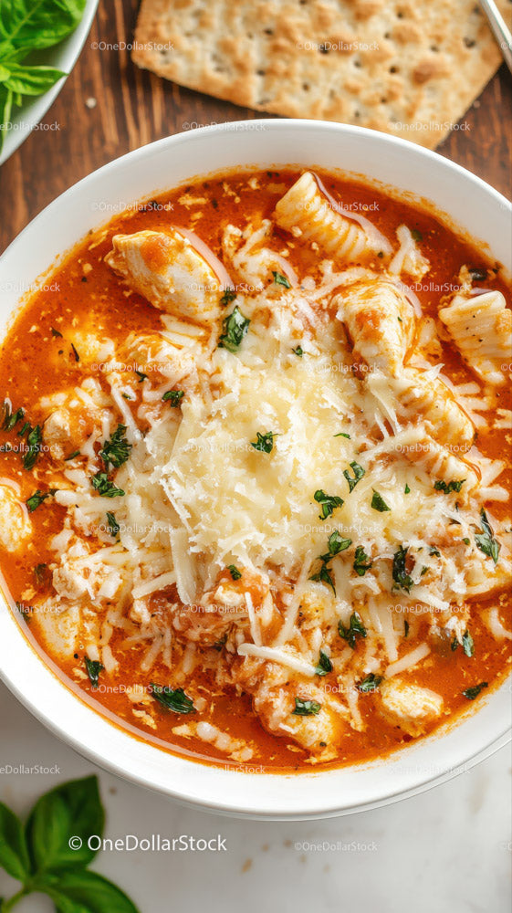 Seafood Pasta with Tomato Cream Sauce and Cheese Garnish