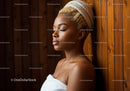 Young Woman Relaxing with Towel and Wooden Background for Spa Therapy