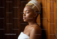 Young Woman Relaxing with Towel and Wooden Background for Spa Therapy