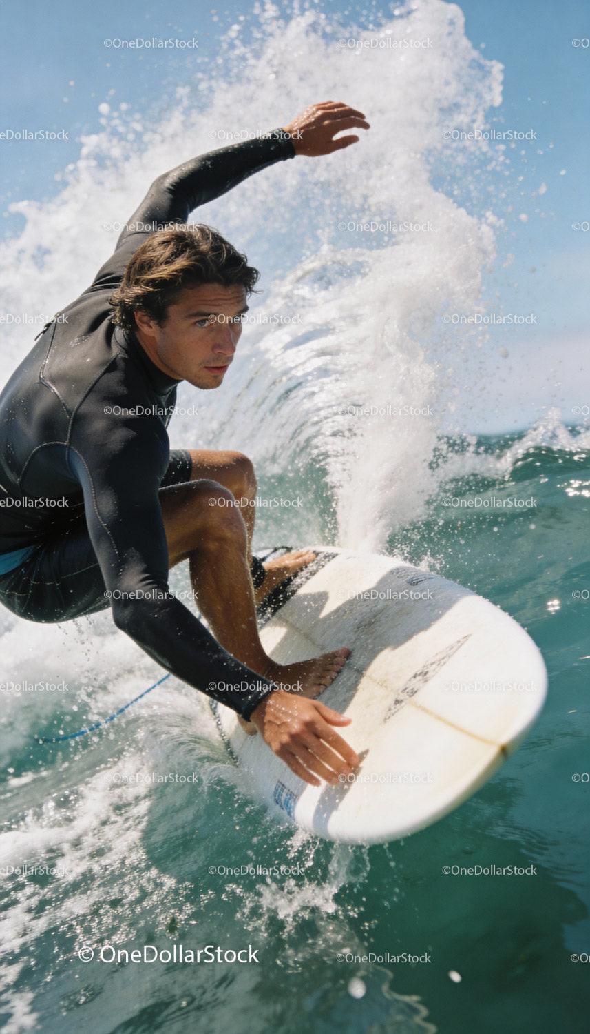 Focused Surfer Riding Powerful Ocean Wave with Skill