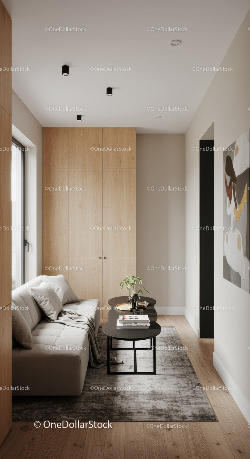 Przytulny, nowoczesny salon w neutralnych barwach z akcentami drewnianymi