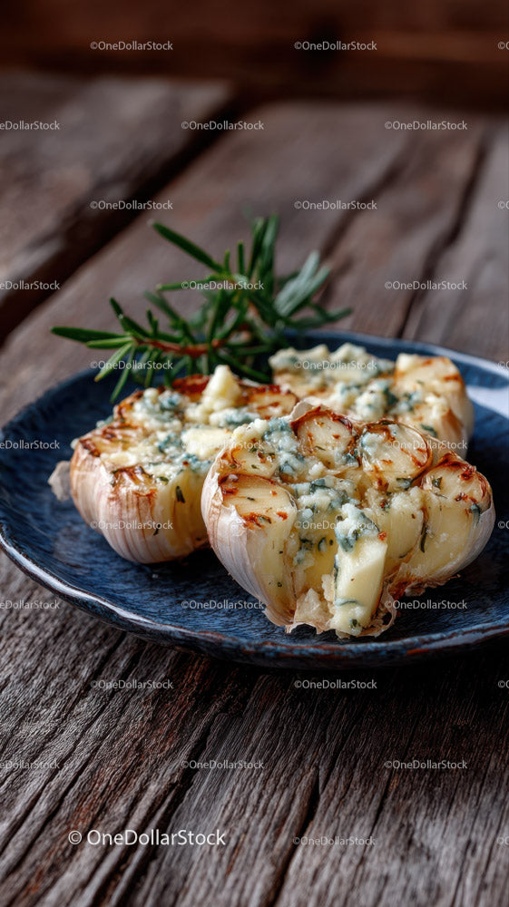 Baked Garlic Cloves Stuffed with Blue Cheese on Rustic Plate