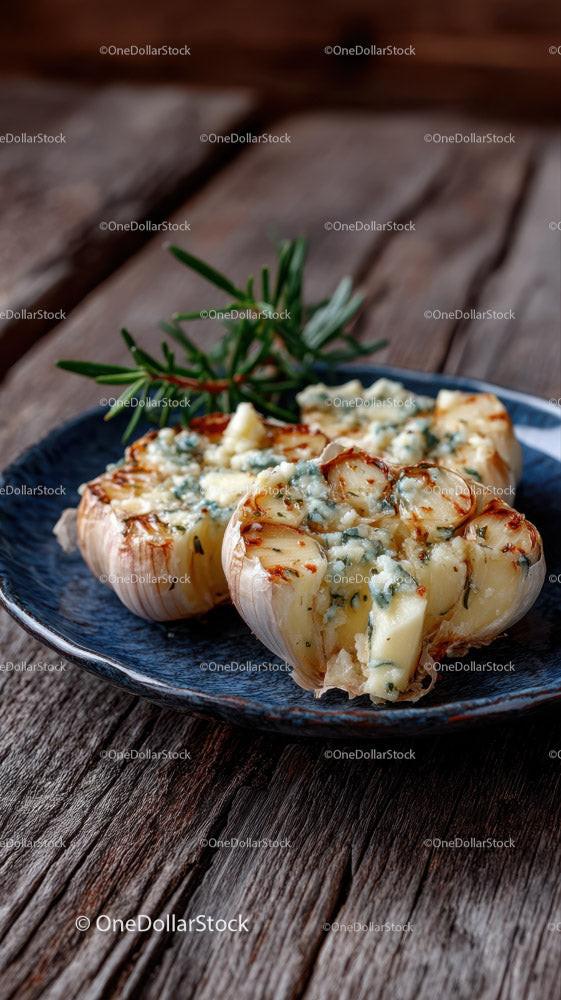 Baked Garlic Cloves Stuffed with Blue Cheese on Rustic Plate
