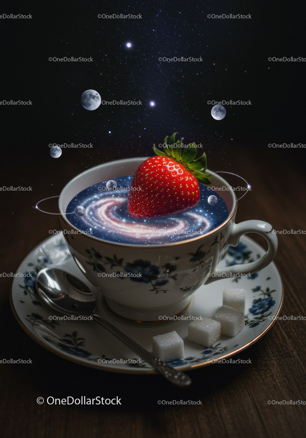 Cup of galaxy tea with fresh strawberry and moons