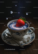 Cup of galaxy tea with fresh strawberry and moons