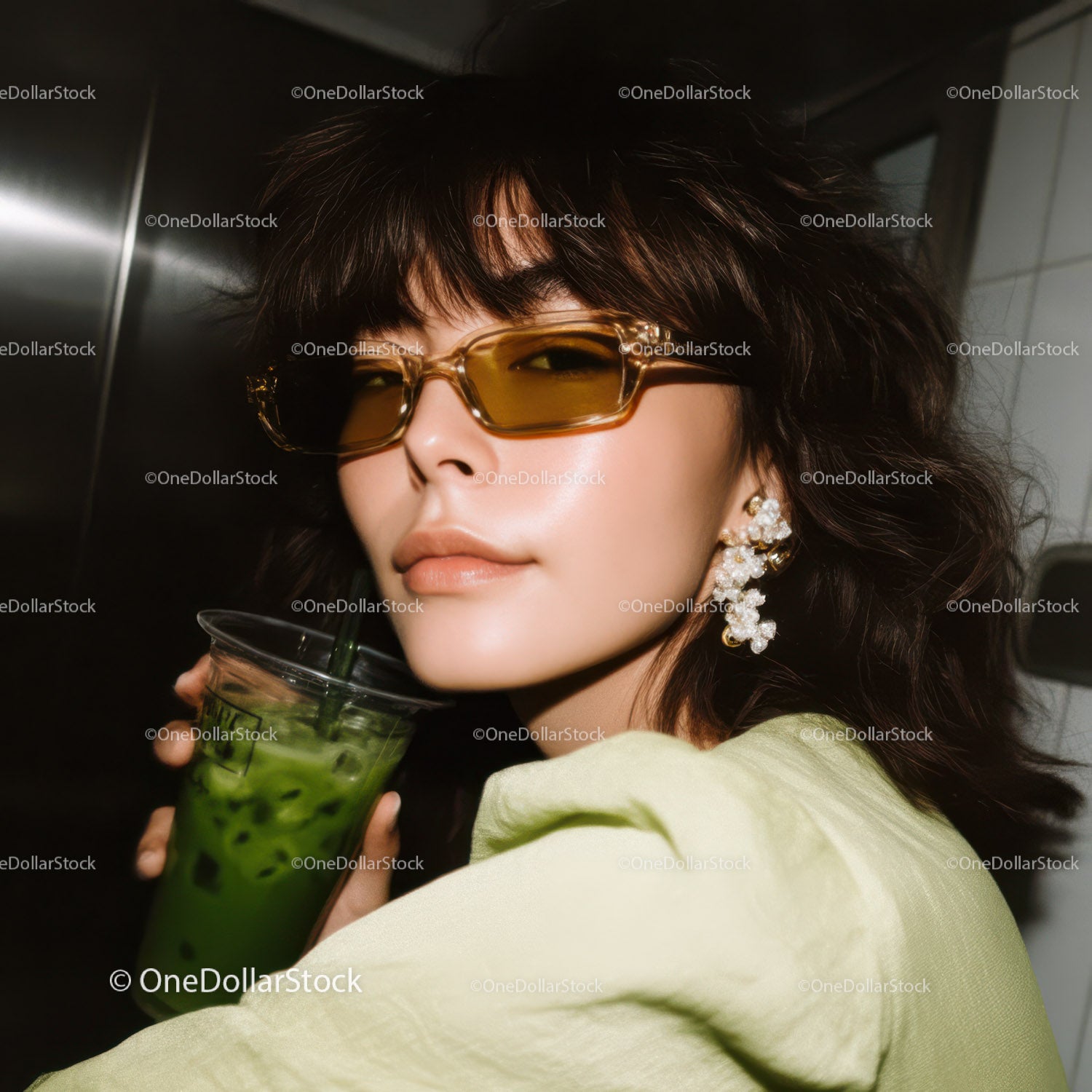 Fashionable Woman Wearing Sunglasses Holding Green Iced Drink