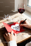 Person Writing Love Note with Red Wine on Wooden Table