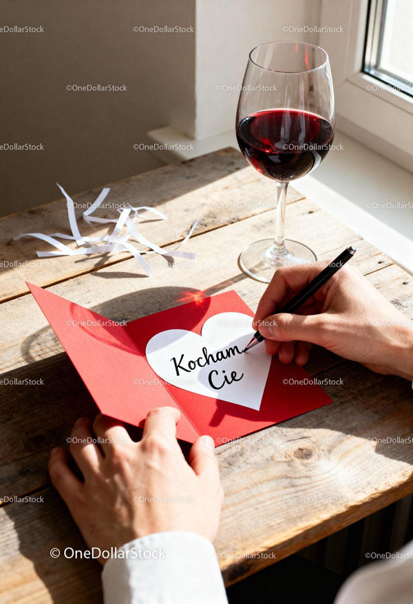 Person Writing Love Note with Red Wine on Wooden Table