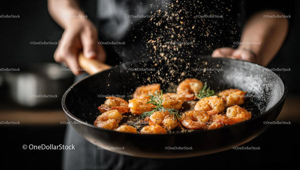 Seafood Preparation with Shrimp and Herbs in a Black Skillet