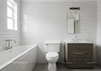 Modern White Subway Tile Bathroom with Wooden Vanity and Brass Fixtures