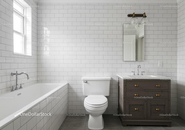 Modern White Subway Tile Bathroom with Wooden Vanity and Brass Fixtures