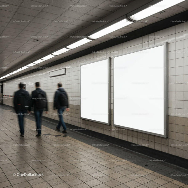 Commuters walking past empty ad boards in subway tunnel JPG Mockup Image