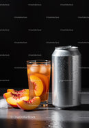 Refreshing Peach Iced Drink with Silver Can on Table