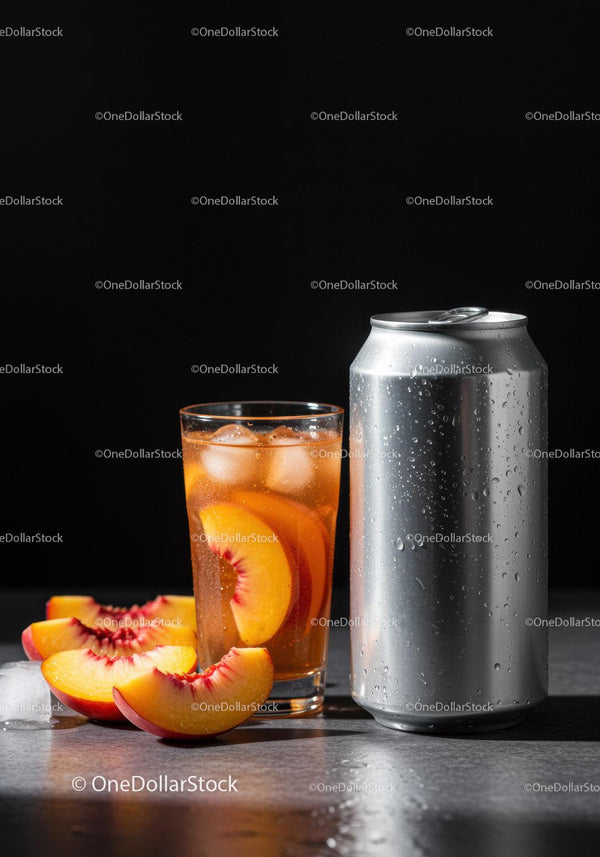 Orzeźwiający mrożony napój brzoskwiniowy z srebrną puszką na stole