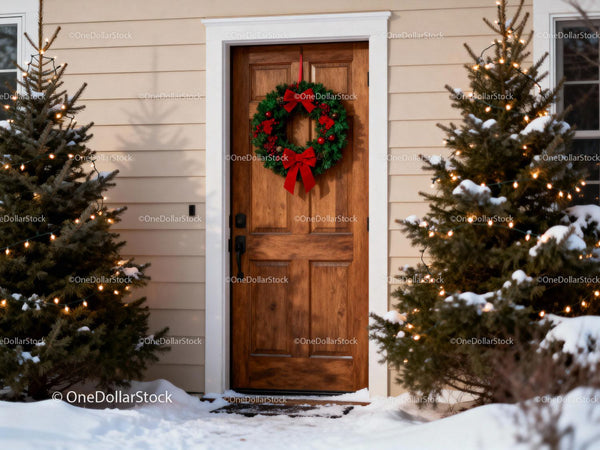 Festive Christmas Wreath on Wooden Front Door