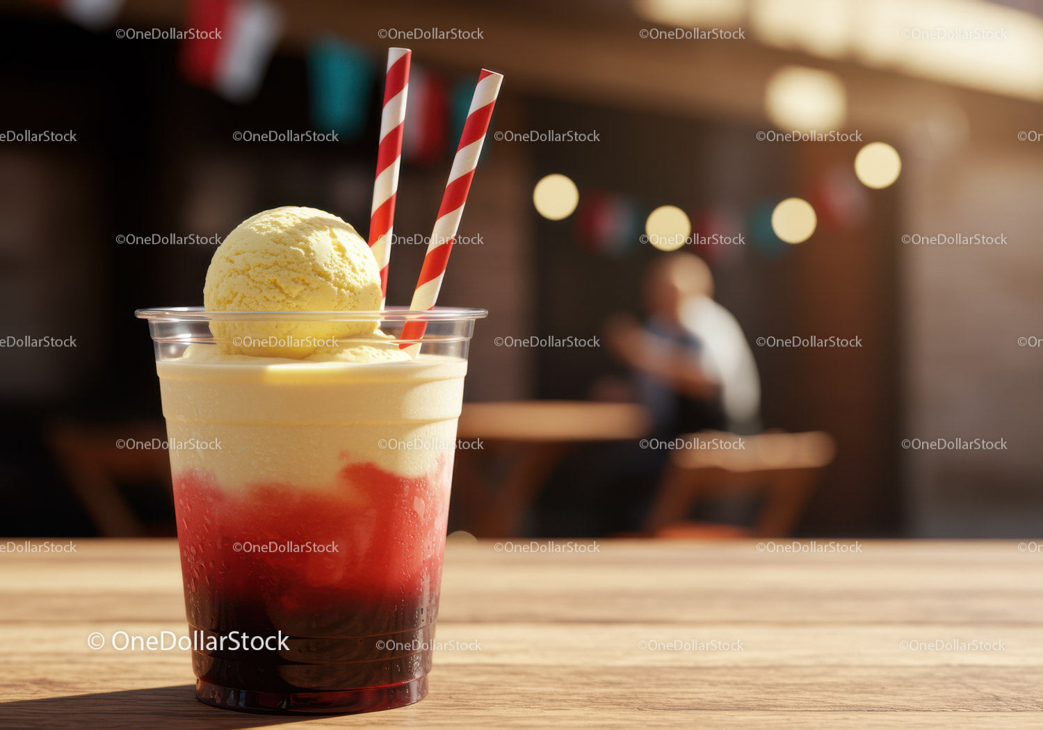 Refreshing Strawberry Ice Cream Sundae in Plastic Cup with Striped Straws