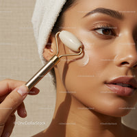 Close Up of Woman Using Facial Roller for Skin Rejuvenation with Natural Glow