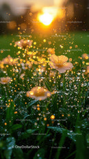 Sunlit Flower with Dew Drops and Bokeh Effect in Garden