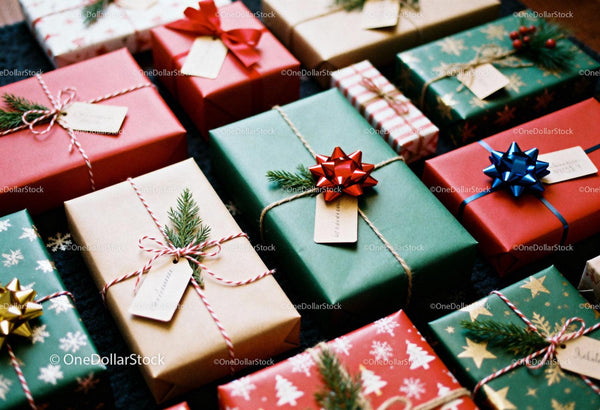 Assorted Christmas Gifts Wrapped in Festive Paper