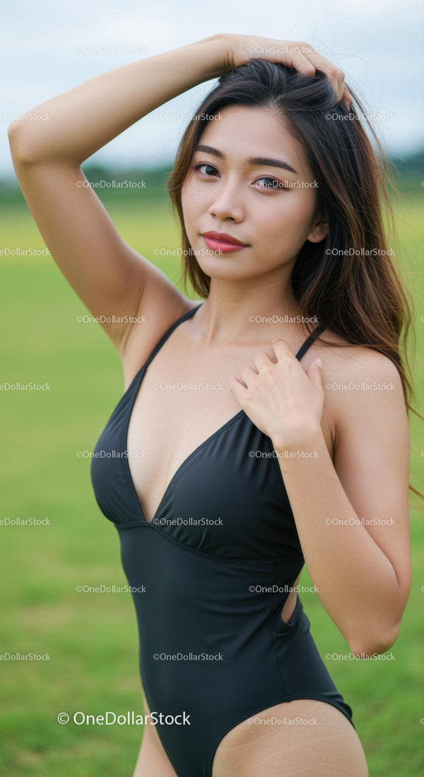 Confident Woman in Black Swimsuit Posing Outdoors in Natural Environment