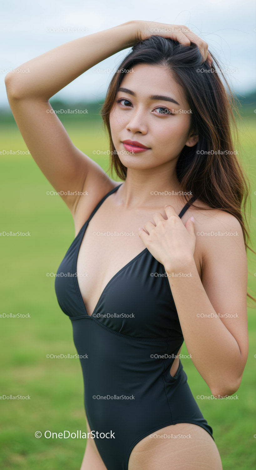 Confident Woman in Black Swimsuit Posing Outdoors in Natural Environment