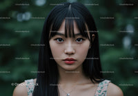 Portrait of Young Woman with Black Hair in Natural Outdoor Environment