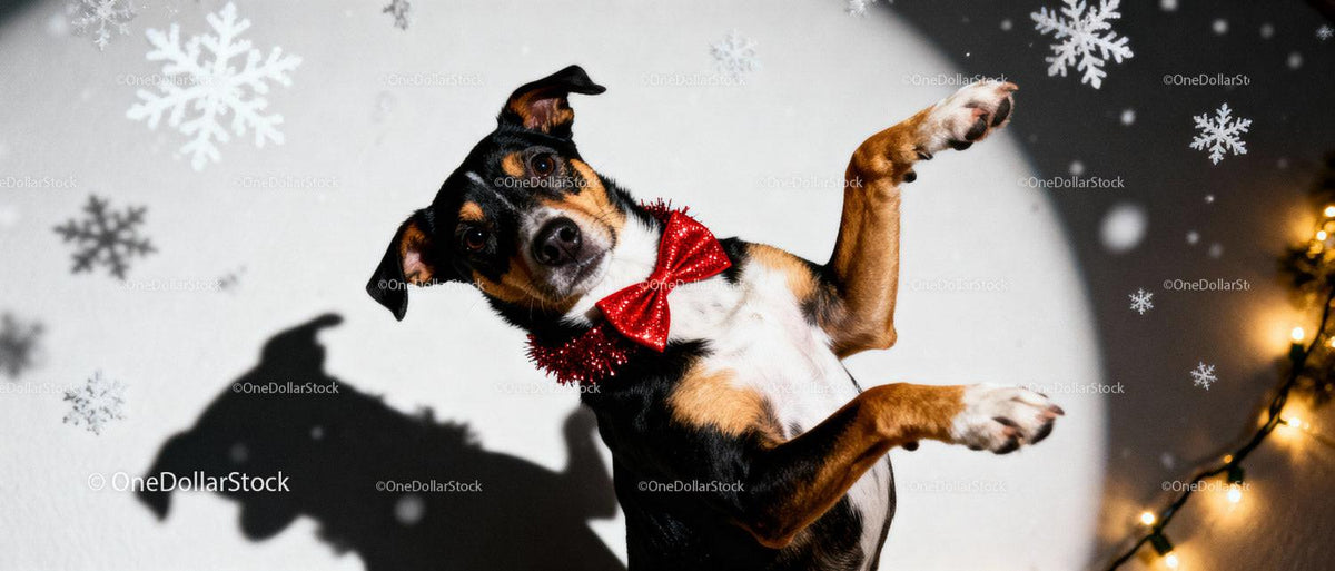 Playful dog with red bow tie in festive winter setting