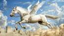 Majestic Pegasus Flying Over Ancient City Under Cloudy Sky