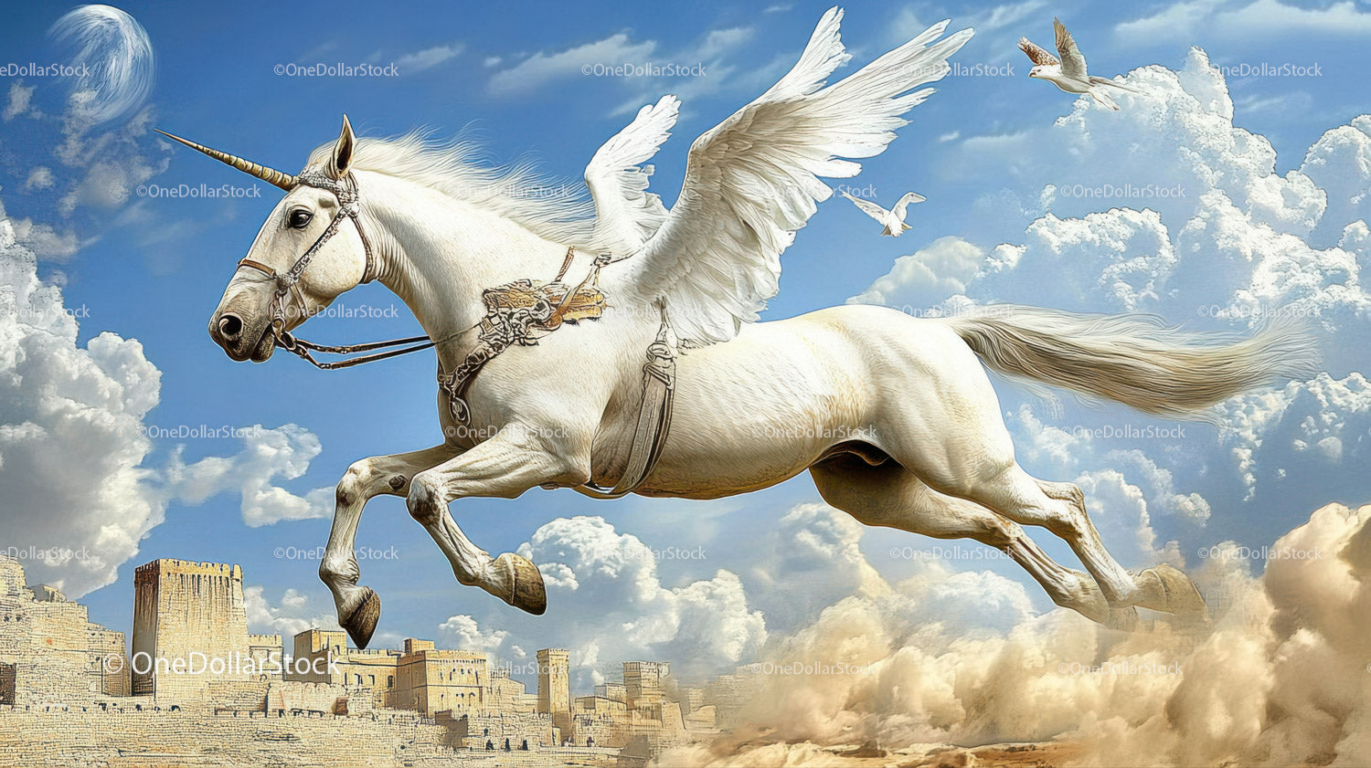 Majestic Pegasus Flying Over Ancient City Under Cloudy Sky