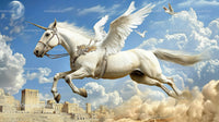 Majestic Pegasus Flying Over Ancient City Under Cloudy Sky