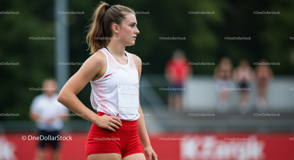 Young Female Athlete Preparing for Sprint on Outdoor Track