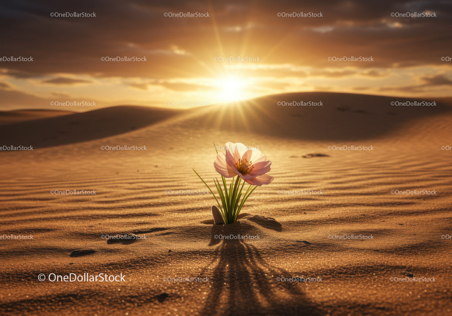 Delicate flower blooming in vast desert at sunset